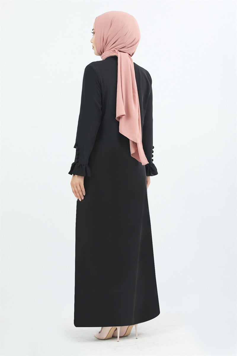 1875 Kolu Düğme Detaylı Büzgülü Ferace Siyah