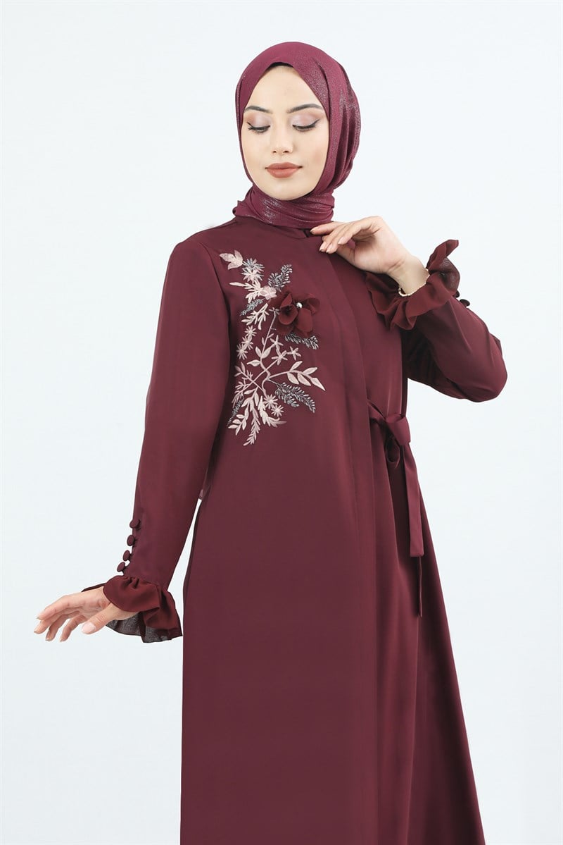 1875 Kolu Düğme Detaylı Büzgülü Ferace Bordo