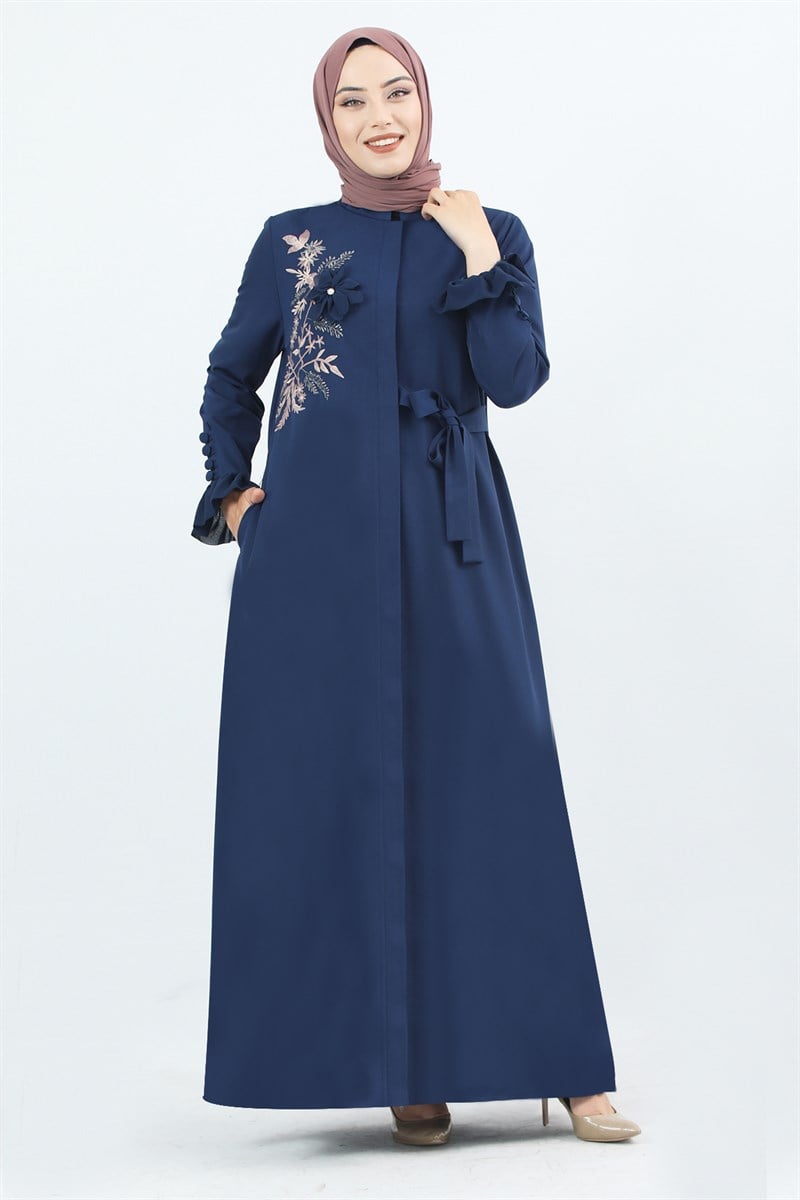 1875 Kolu Düğme Detaylı Büzgülü Ferace Lacivert