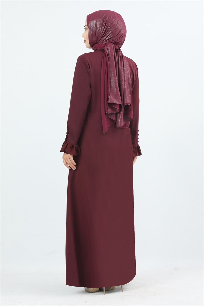 1875 Kolu Düğme Detaylı Büzgülü Ferace Bordo