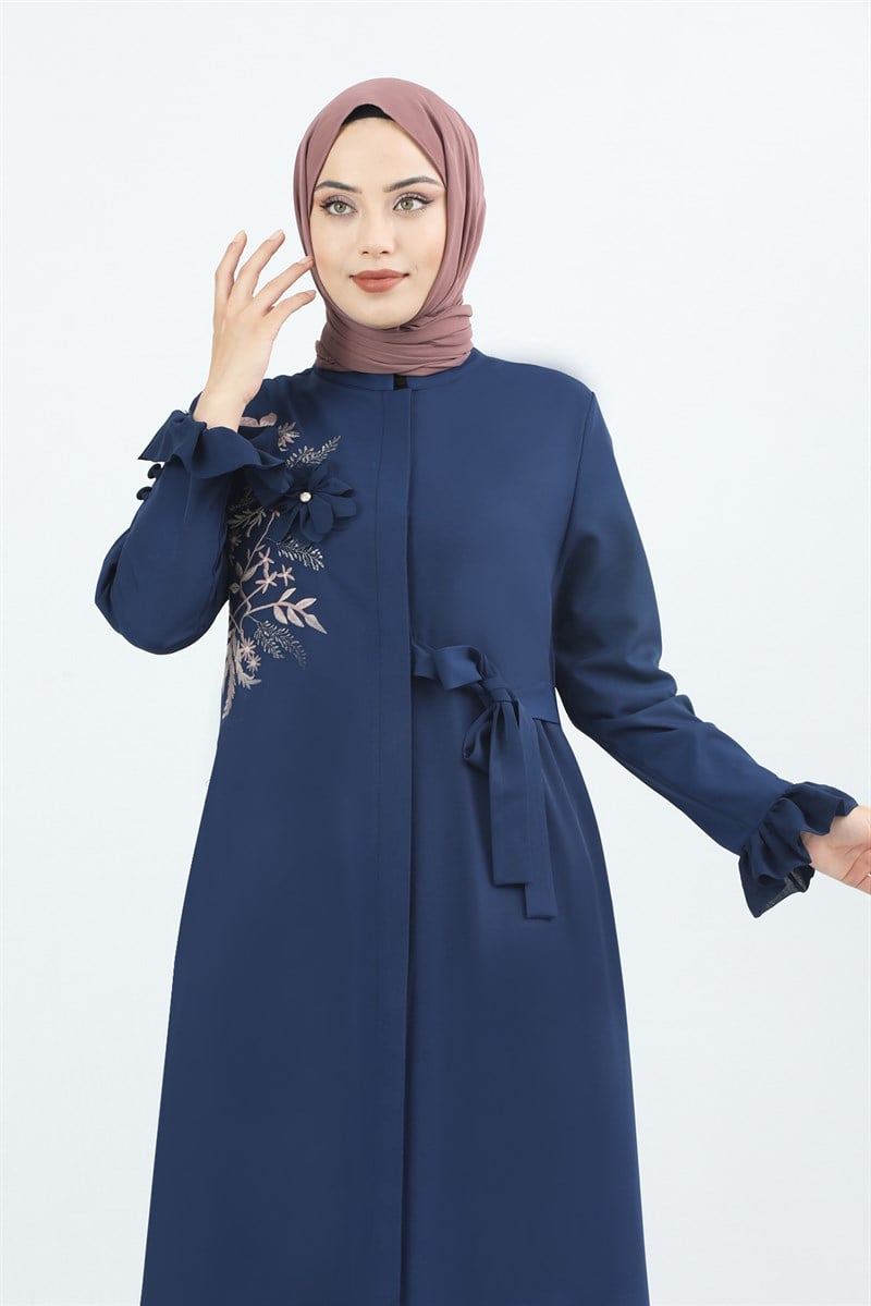 1875 Kolu Düğme Detaylı Büzgülü Ferace Lacivert