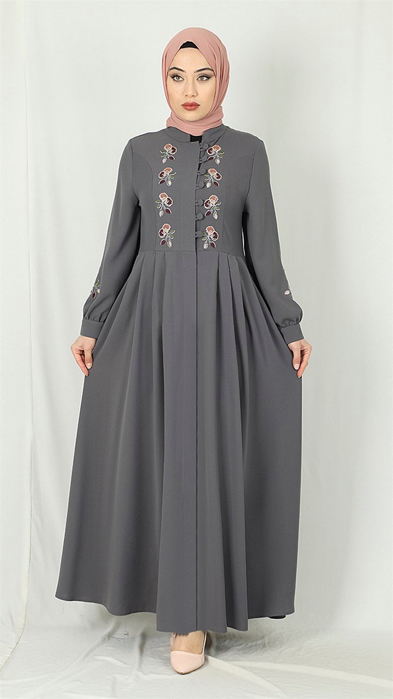 1885 Çiçek Motifli Ferace Koyu Vizon