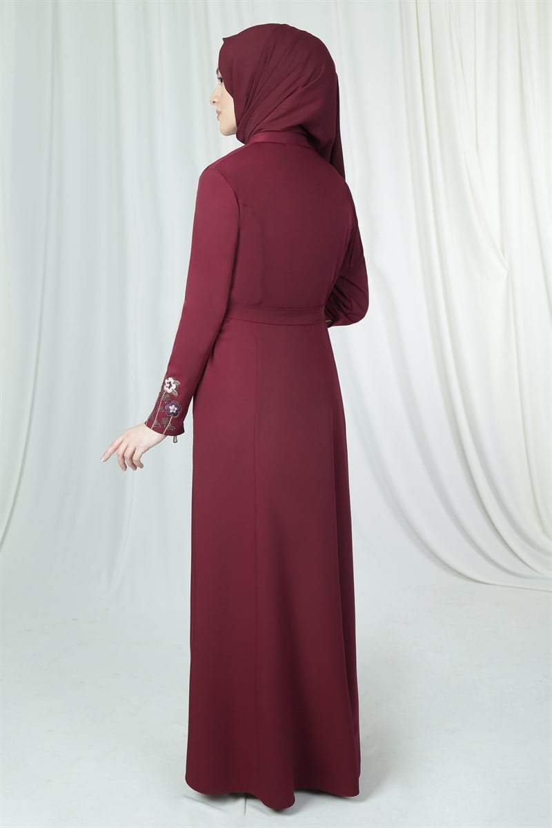 3205 Flora Embroidered Burgundy Abaya