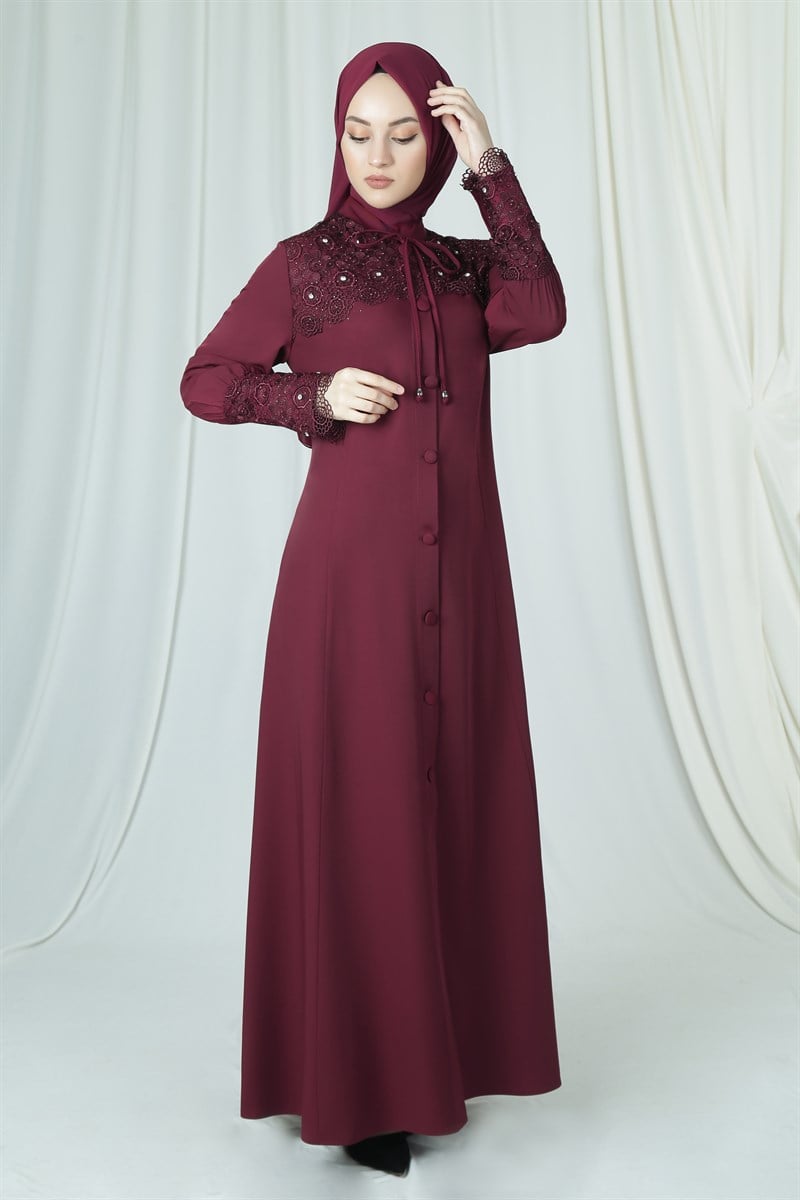 3230 Minel Laced Maroon Abaya