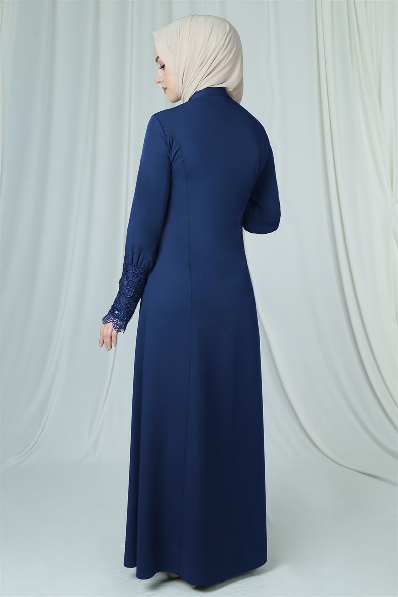 3230 Minel Laced Navy Blue Abaya 