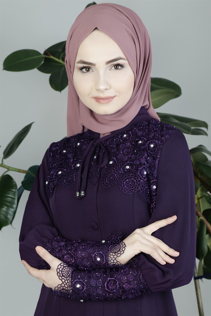 3230 Minel Laced Damson Abaya 
