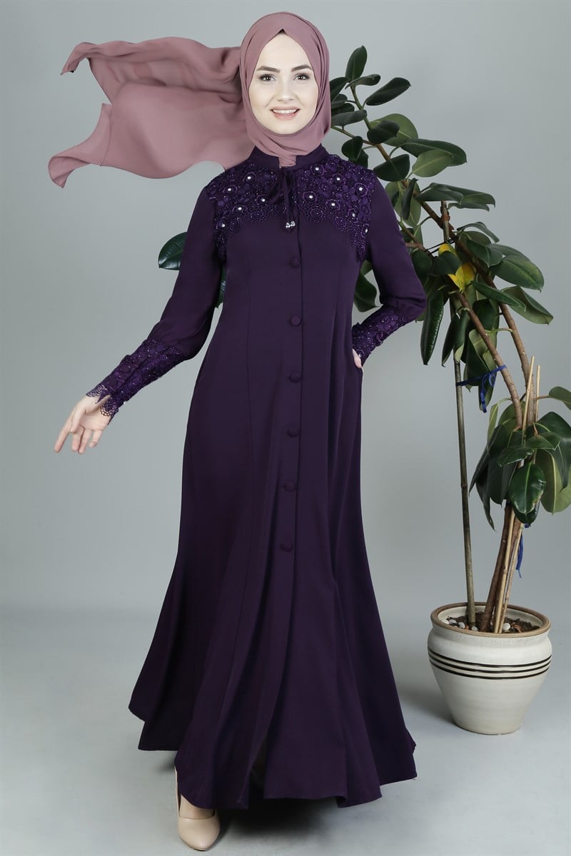 3230 Minel Laced Damson Abaya 