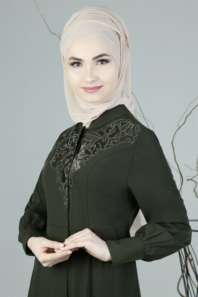 3248 Aplike Nakışlı Haki Ferace
