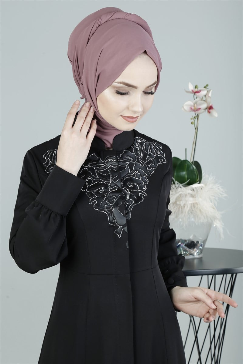 3248 Aplike Nakışlı Siyah Ferace