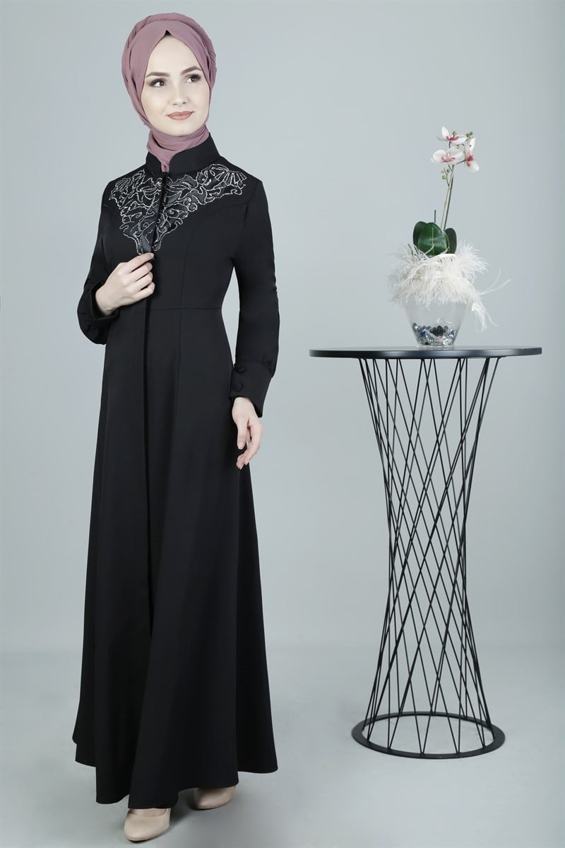 3248 Aplike Nakışlı Siyah Ferace