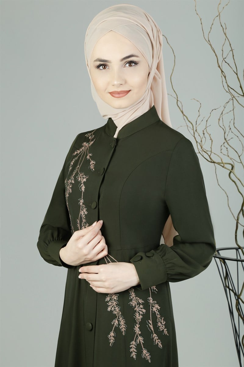 3253 Nakışlı Haki Ferace