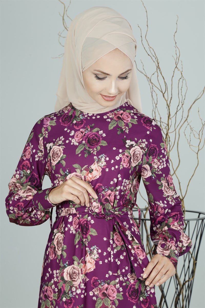 3332 Baskı Desenli Mor Ferace