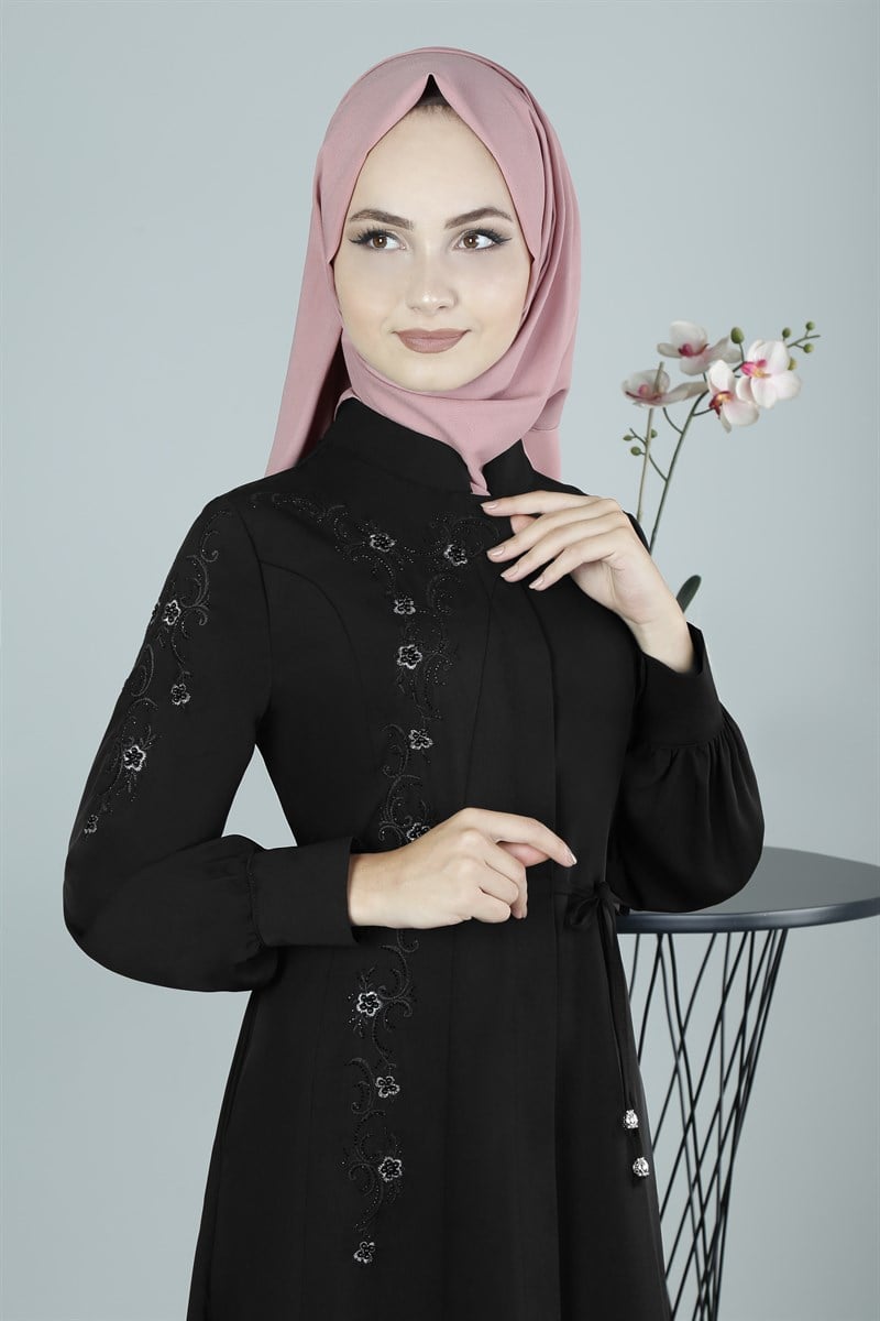 3349 Çiçekli Siyah Ferace