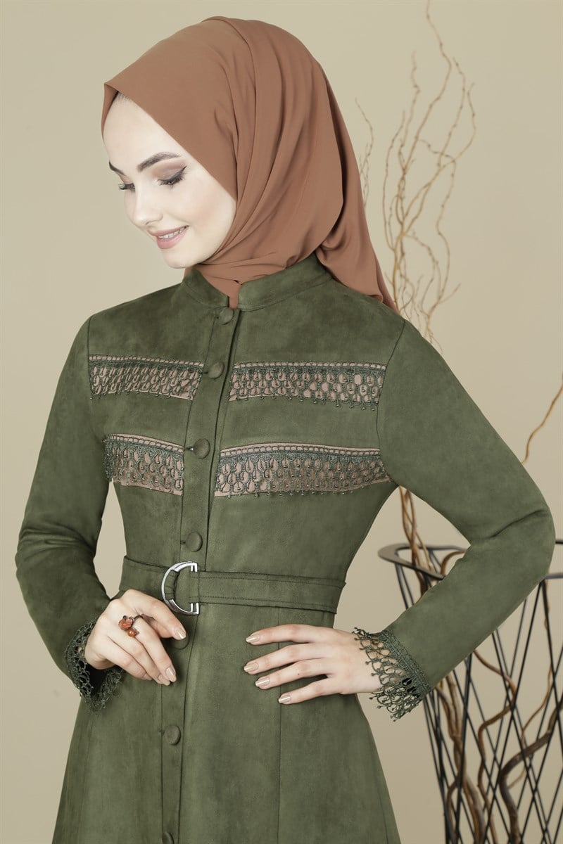 3405 Şerit Dantelli Haki Ferace