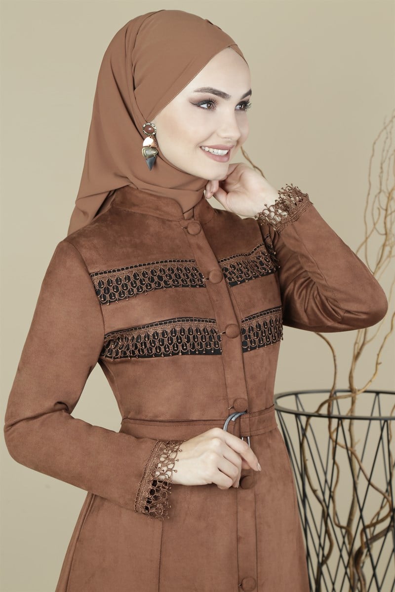 3405 Şerit Dantelli Kahve Ferace
