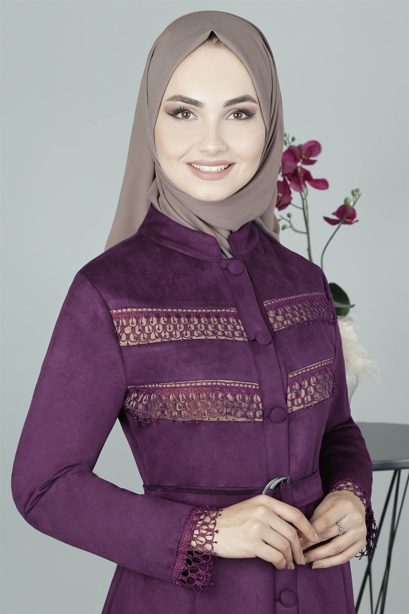 3405 Şerit Dantelli Mürdüm Ferace
