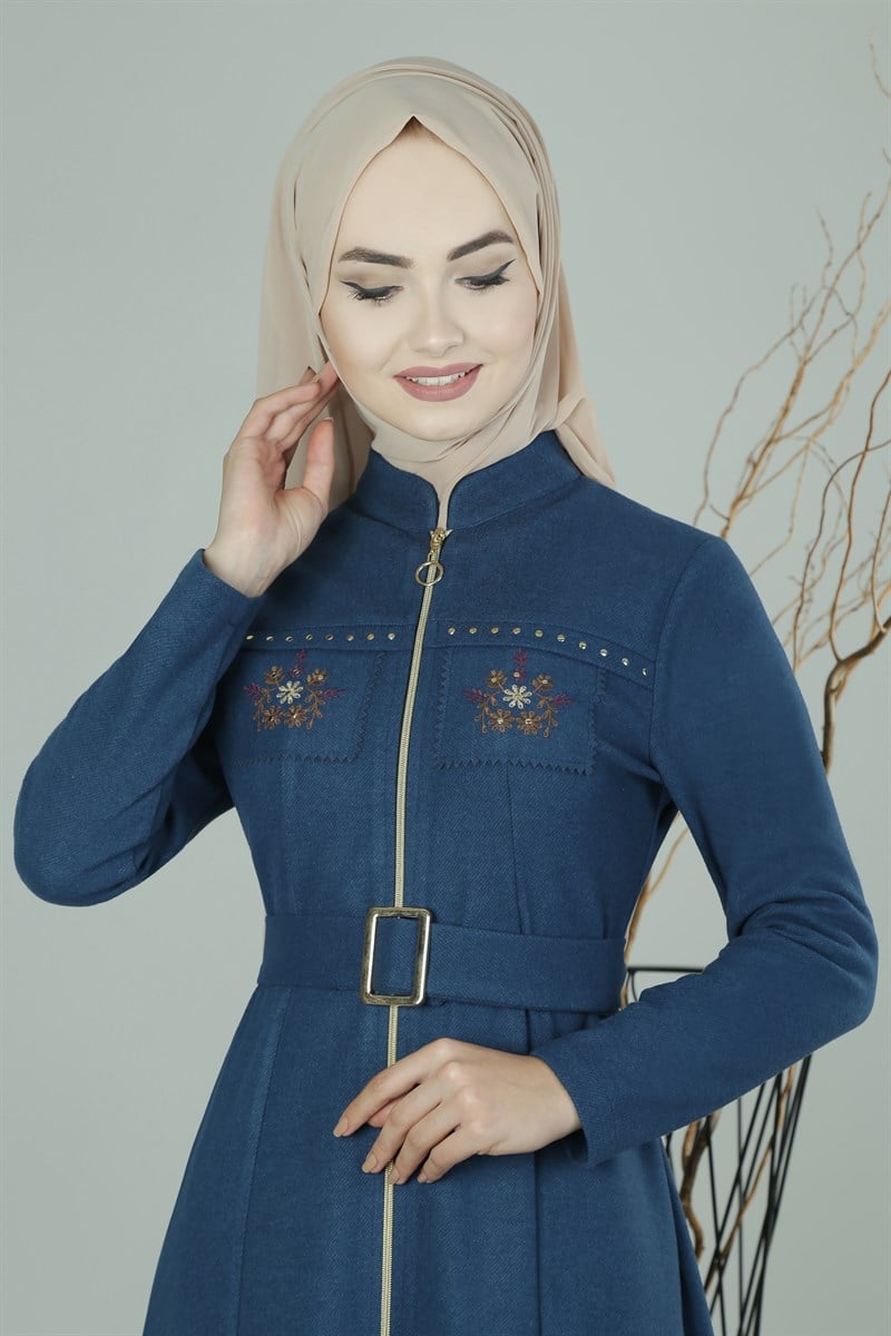 3477 Çiçek Motifli İndigo Ferace