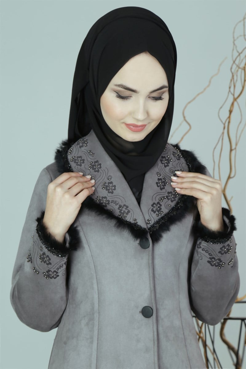 3531 Şerit Kürklü Gri Ferace