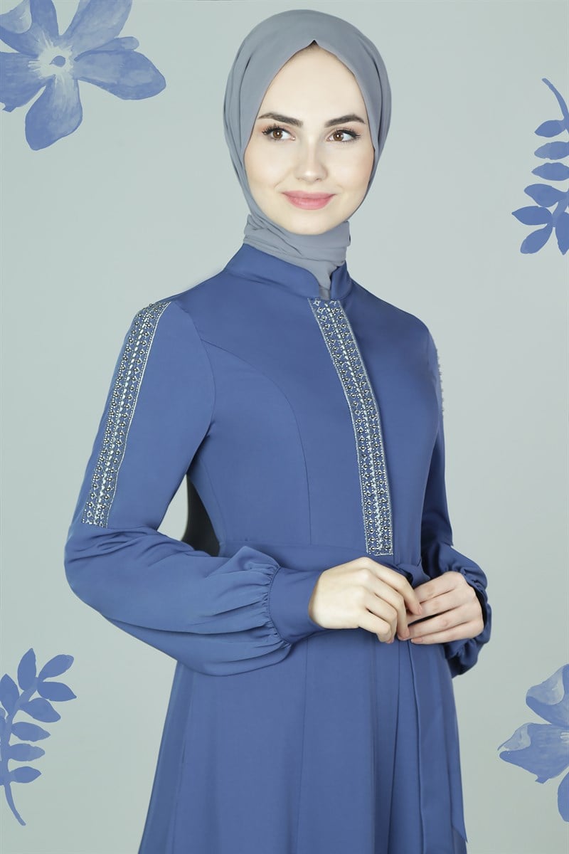 3581 Şerit Nakışlı İndigo Ferace