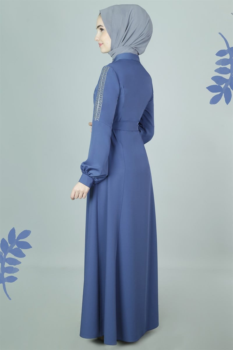 3581 Şerit Nakışlı İndigo Ferace