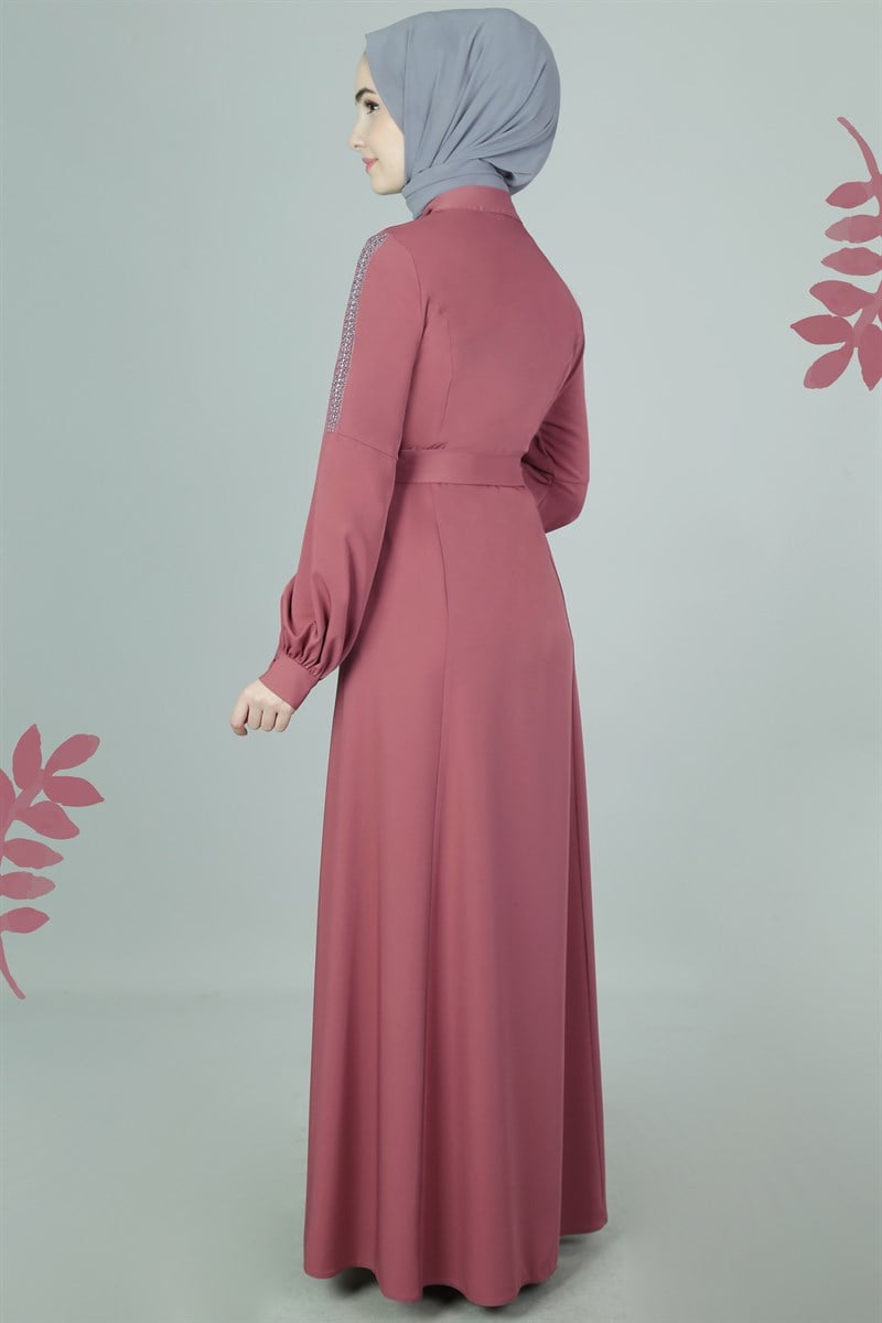 3581 Şerit Nakışlı Pudra Ferace