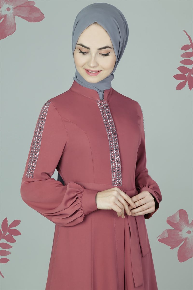 3581 Şerit Nakışlı Pudra Ferace