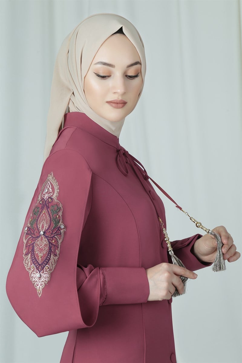 3616 Nakış İşlemeli Gül Kurusu Ferace