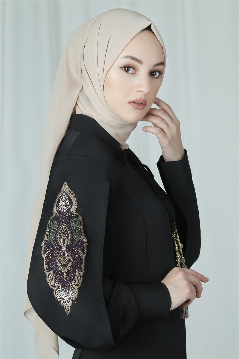 3616 Nakış İşlemeli Siyah Ferace