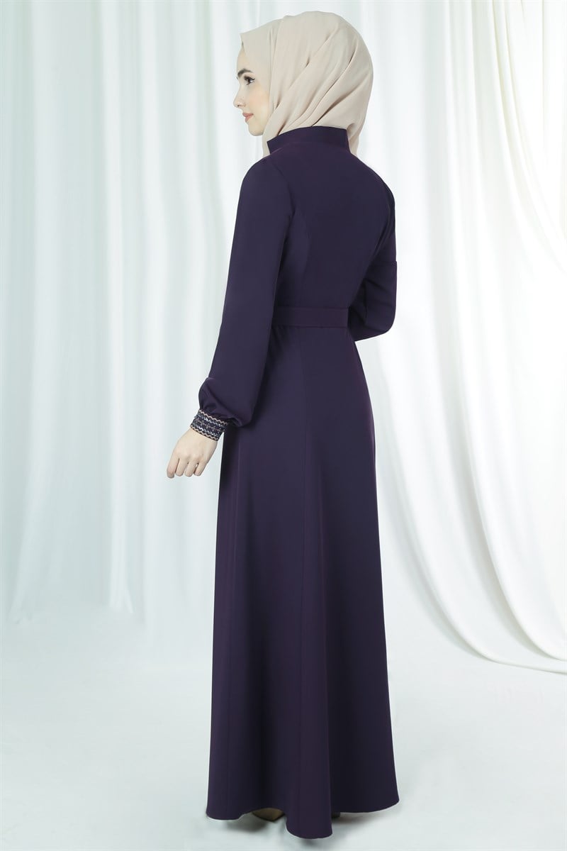 3621 Ceket Yaka Nakışlı Mürdüm Ferace