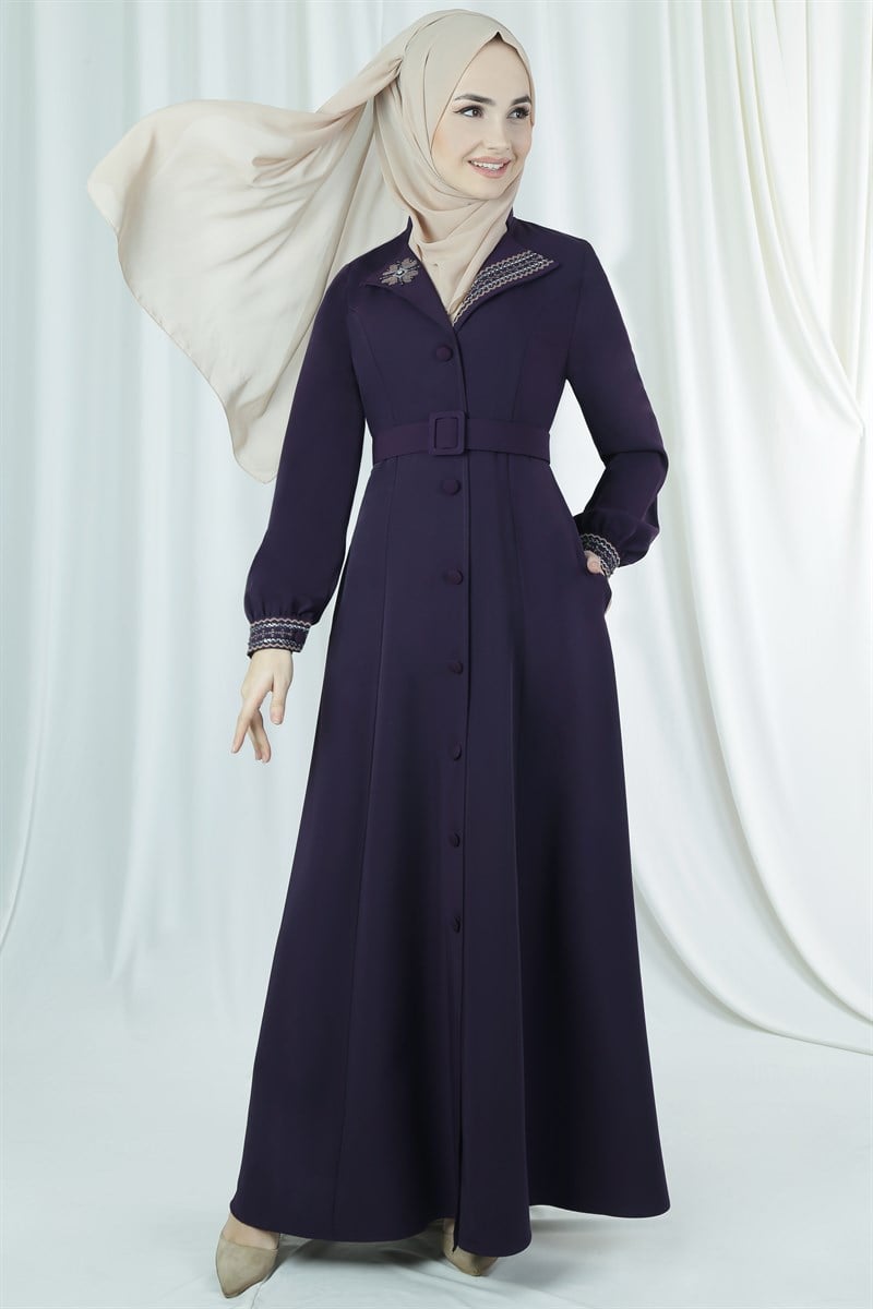 3621 Ceket Yaka Nakışlı Mürdüm Ferace