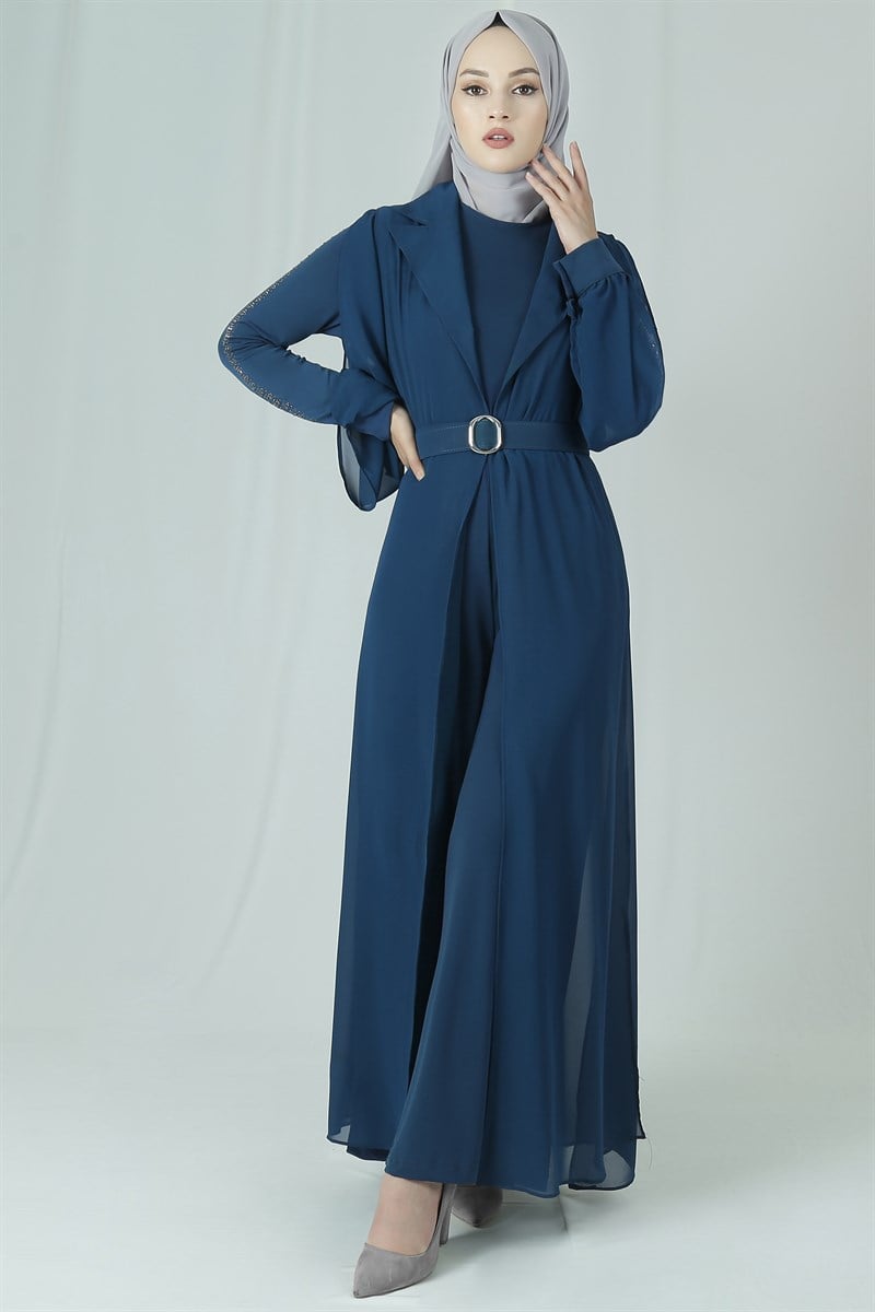 3638 Şifon Yelekli İndigo Tulum