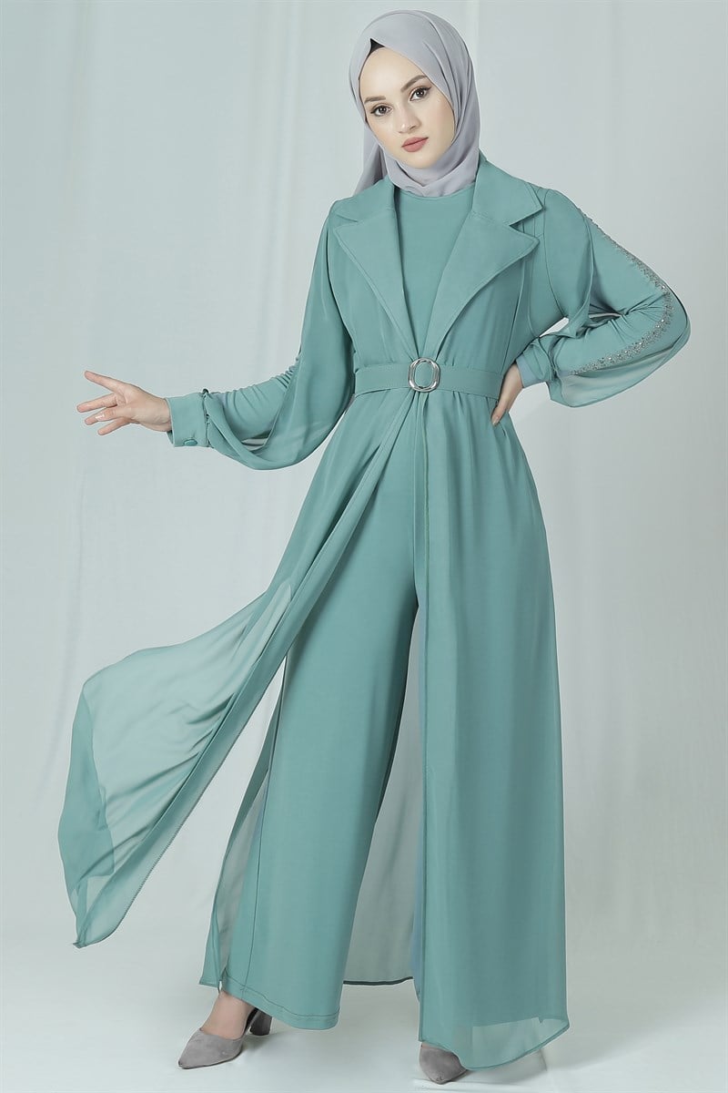3638 Şifon Yelekli Mint Tulum