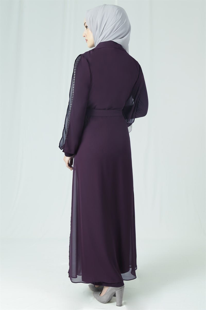 3638 Şifon Yelekli Mürdüm Tulum