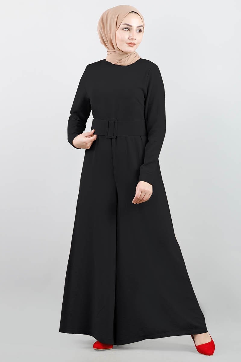 3791 Kemerli Düz Siyah Tulum