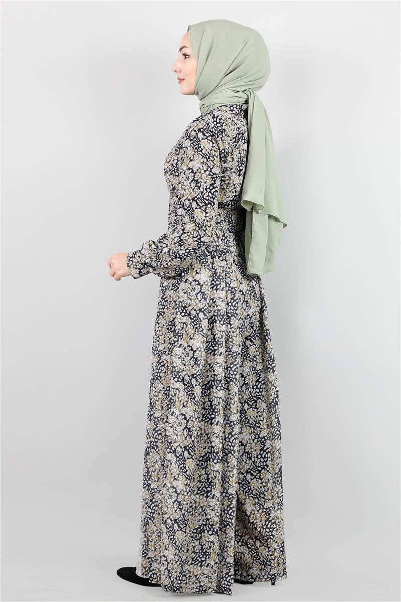 3792 Desenli Şifon Siyah Tulum