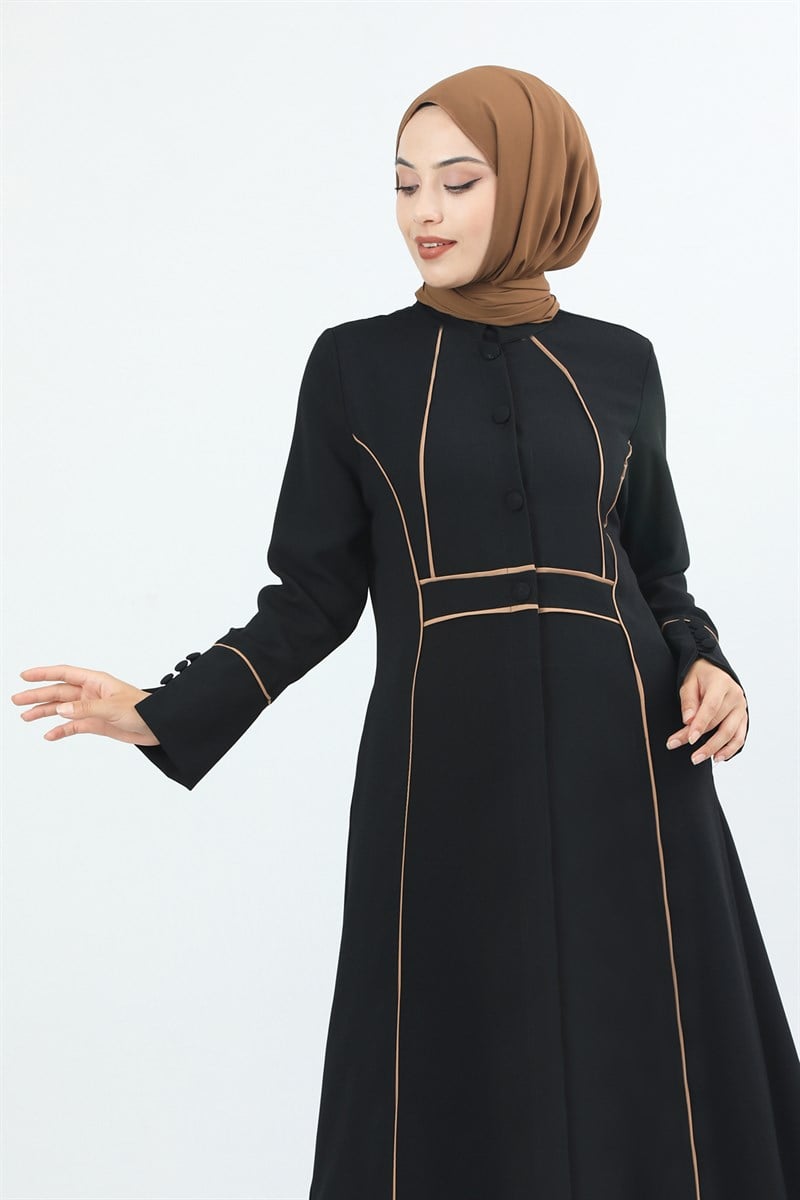 4057 Önü Düğmeli Kolları Manşetli Ferace Siyah