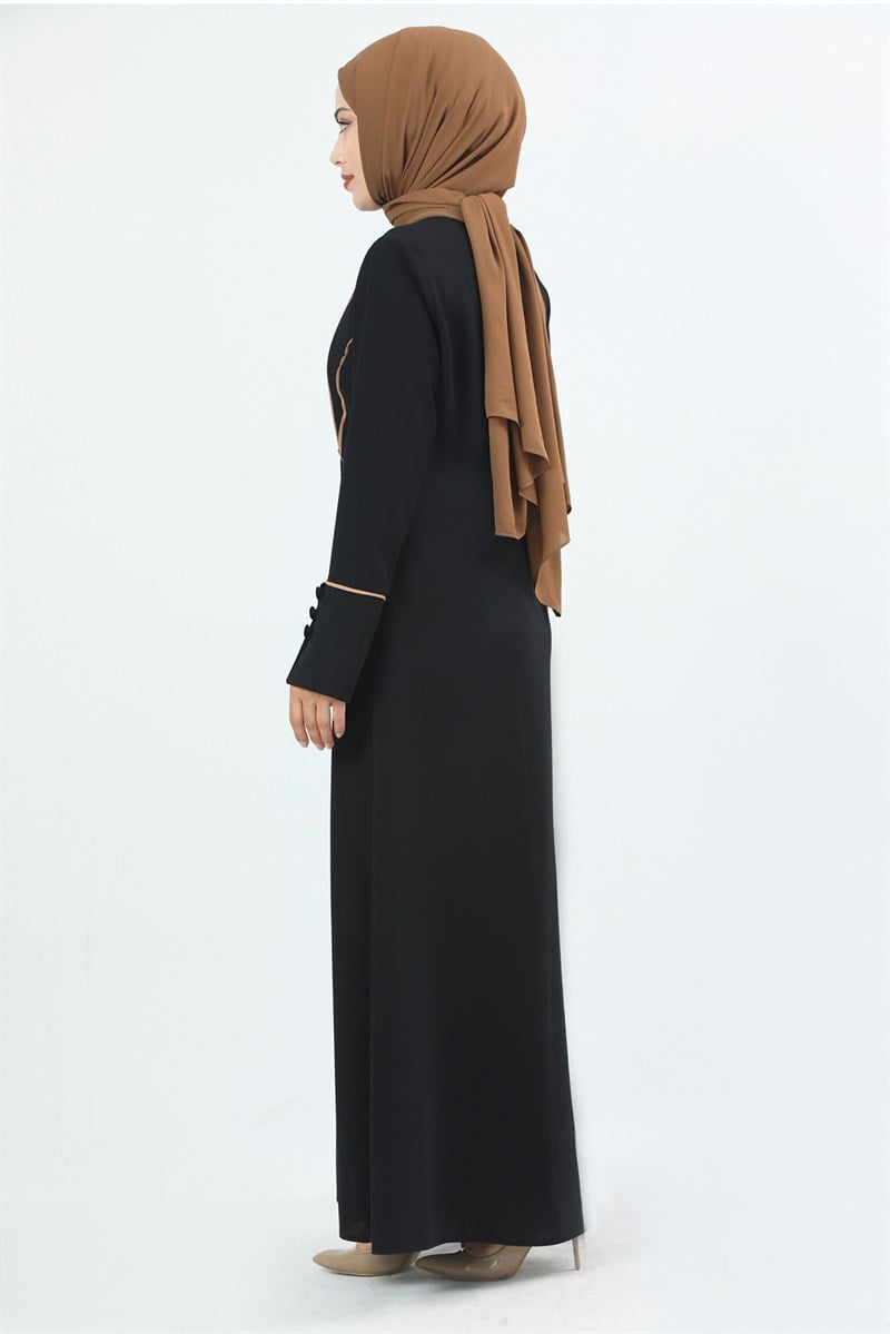 4057 Önü Düğmeli Kolları Manşetli Ferace Siyah