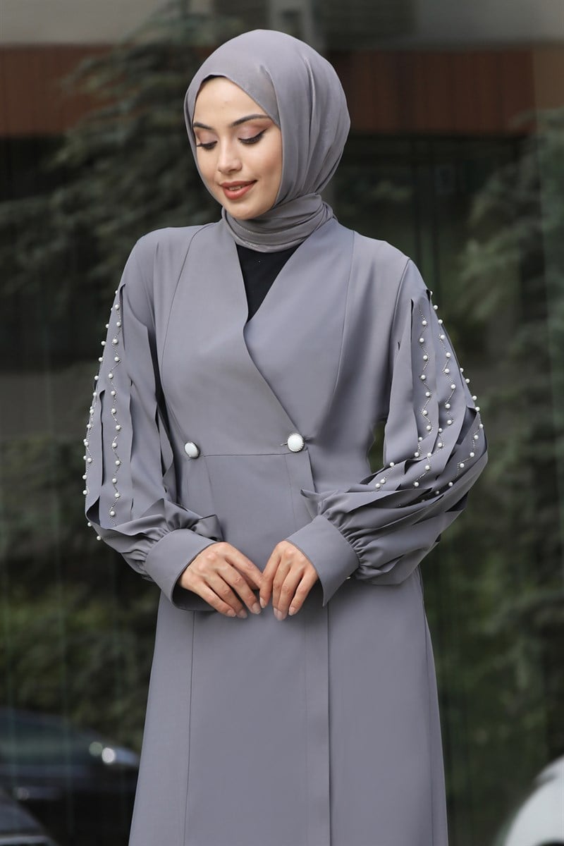 4061 Lazer Kesim Kol Detaylı Ferace Gümüş