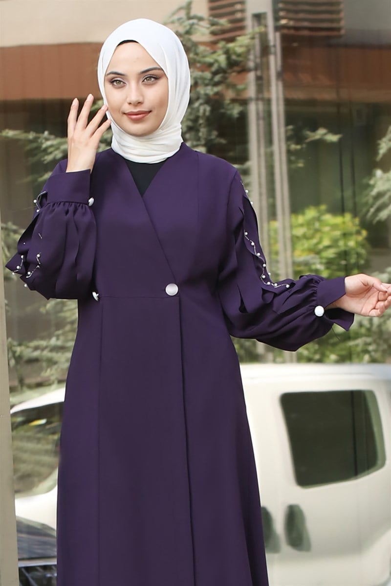 4061 Lazer Kesim Kol Detaylı Ferace Mor