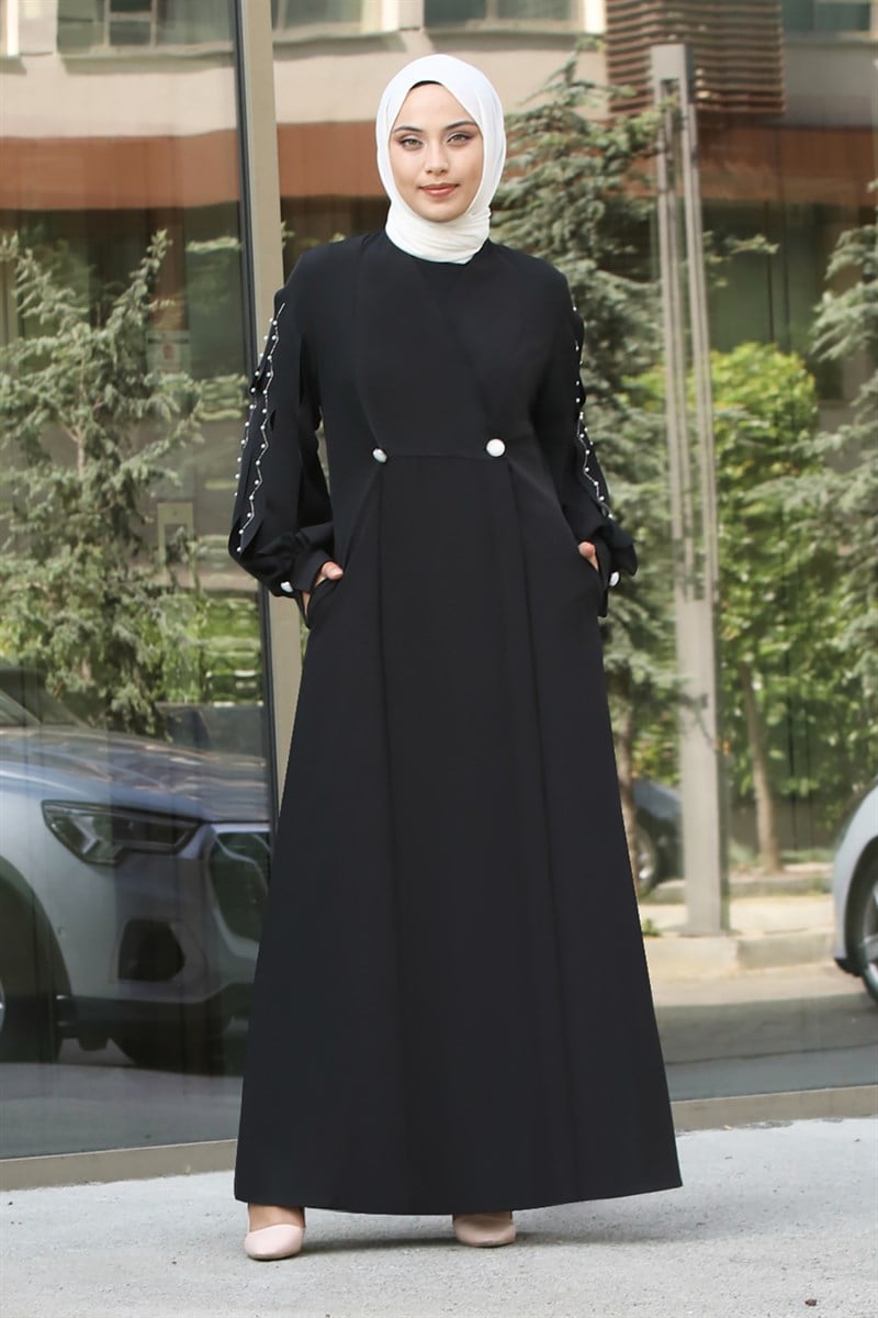 4061 Lazer Kesim Kol Detaylı Ferace Siyah