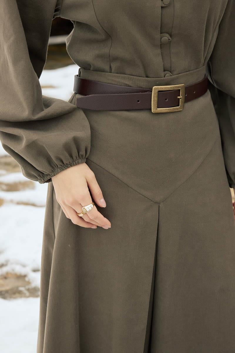 A Pileli Gabardin Etek Haki
