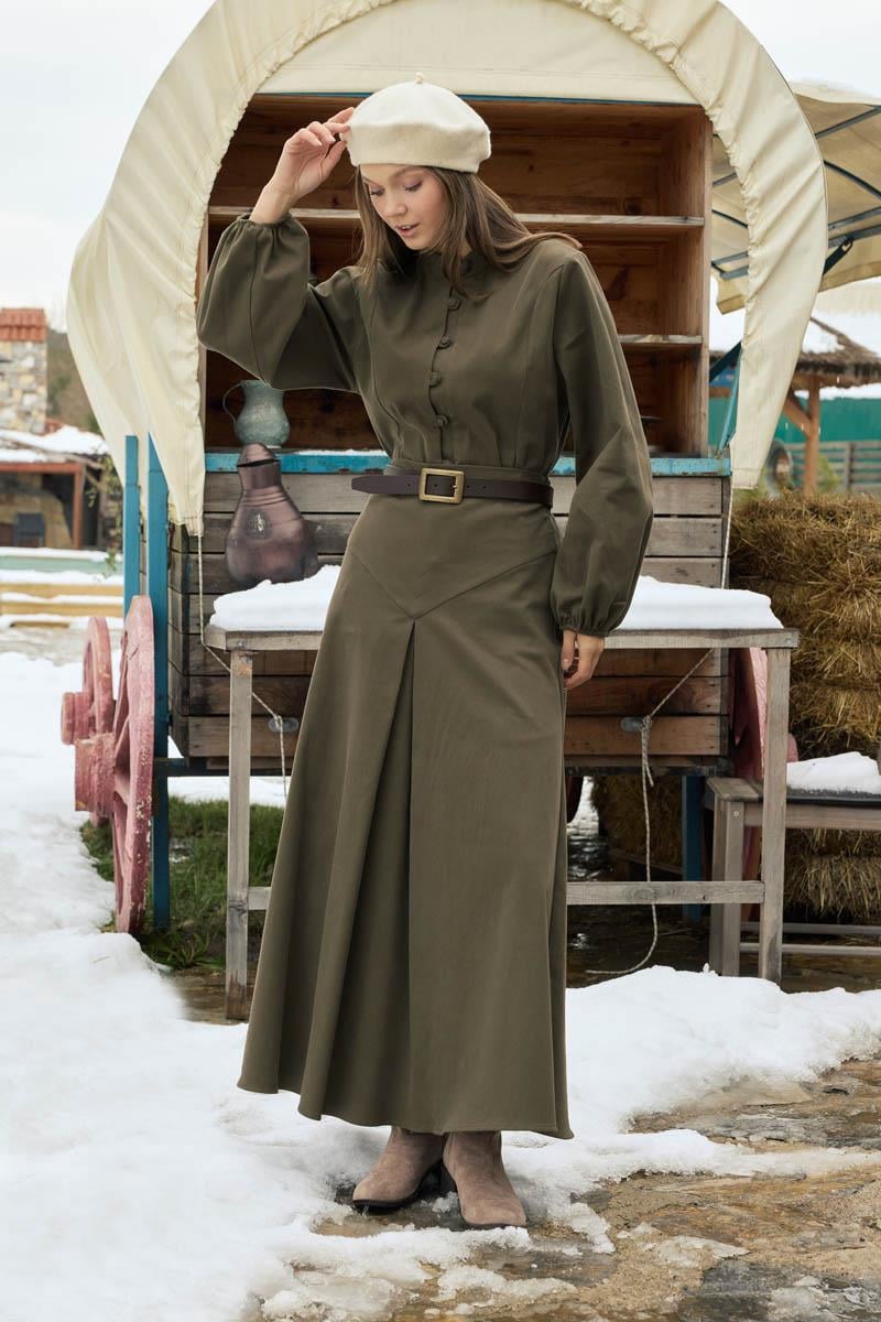 A Pileli Gabardin Etek Haki