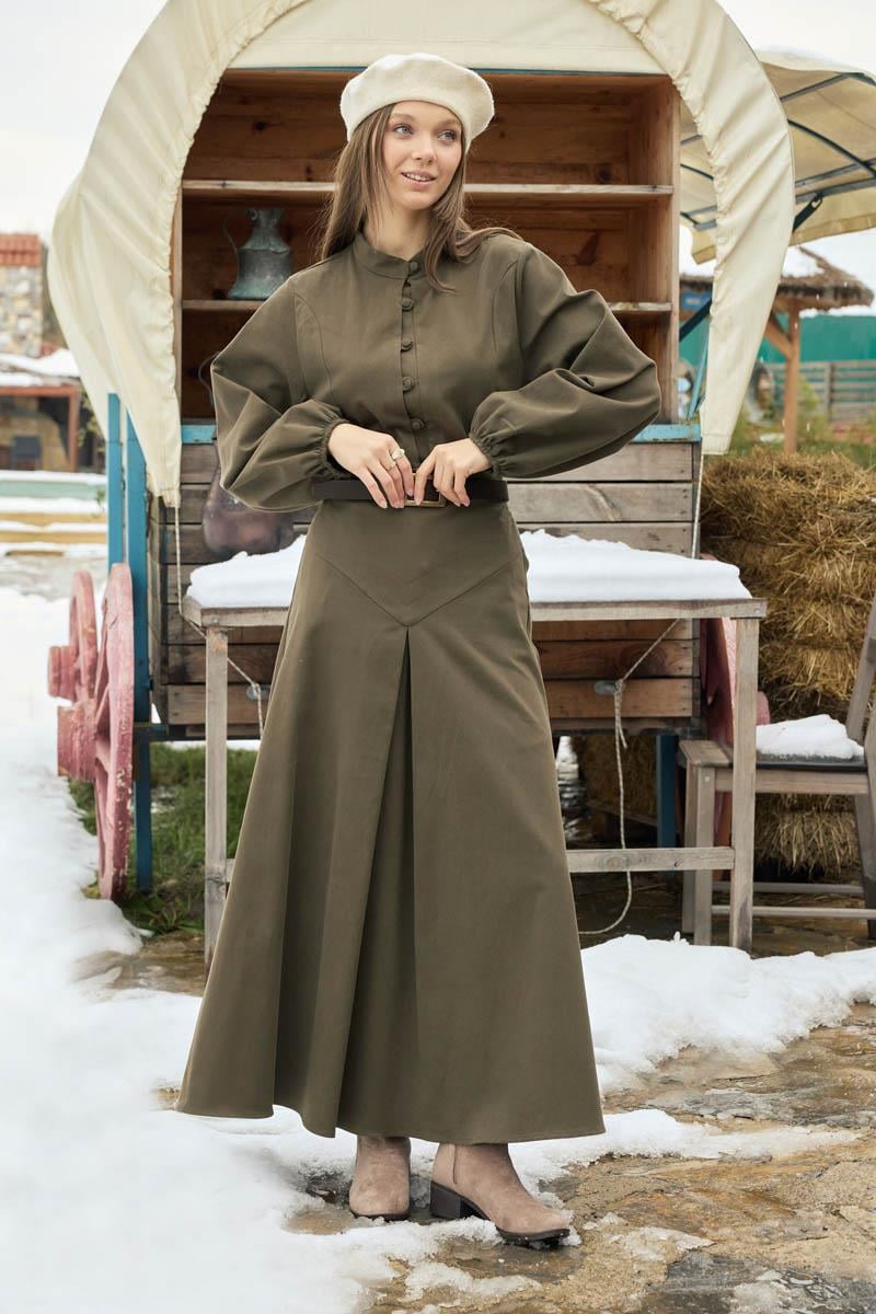 A Pileli Gabardin Etek Haki