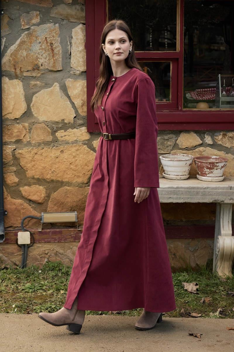 Antik Düğmeli Gabardin Elbise Bordo