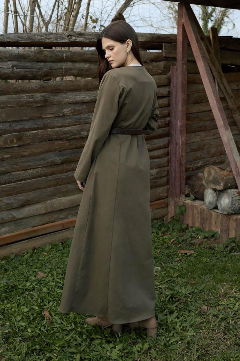 Antik Düğmeli Gabardin Elbise Haki