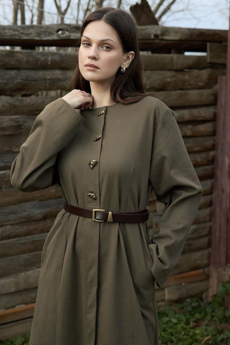 Antik Düğmeli Gabardin Elbise Haki