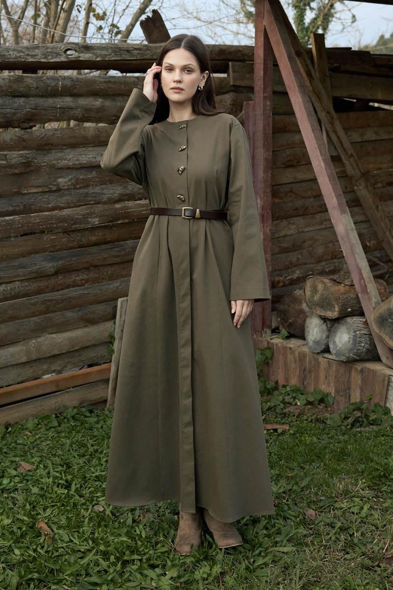 Antik Düğmeli Gabardin Elbise Haki