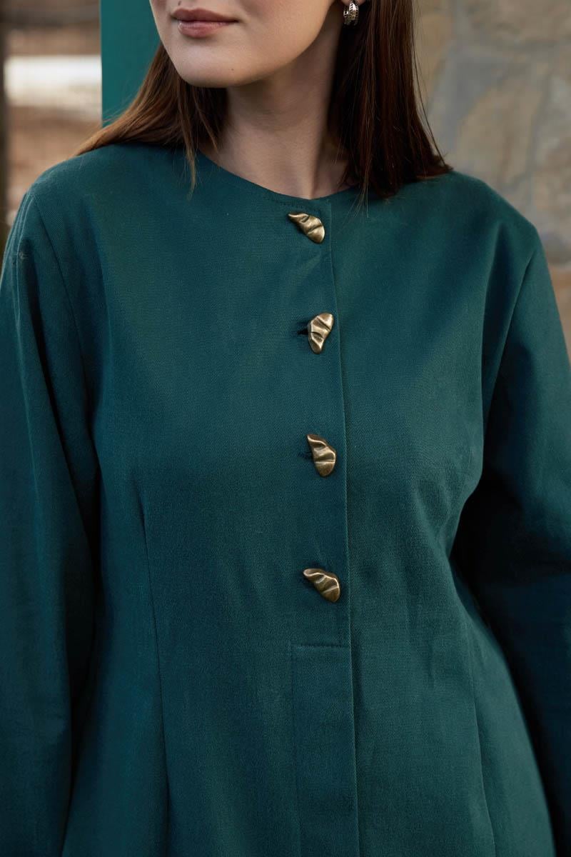 Antik Düğmeli Gabardin Elbise Petrol