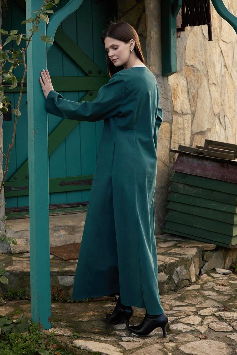 Antik Düğmeli Gabardin Elbise Petrol