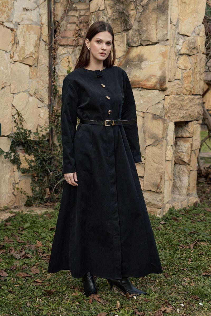 Antik Düğmeli Gabardin Elbise Siyah